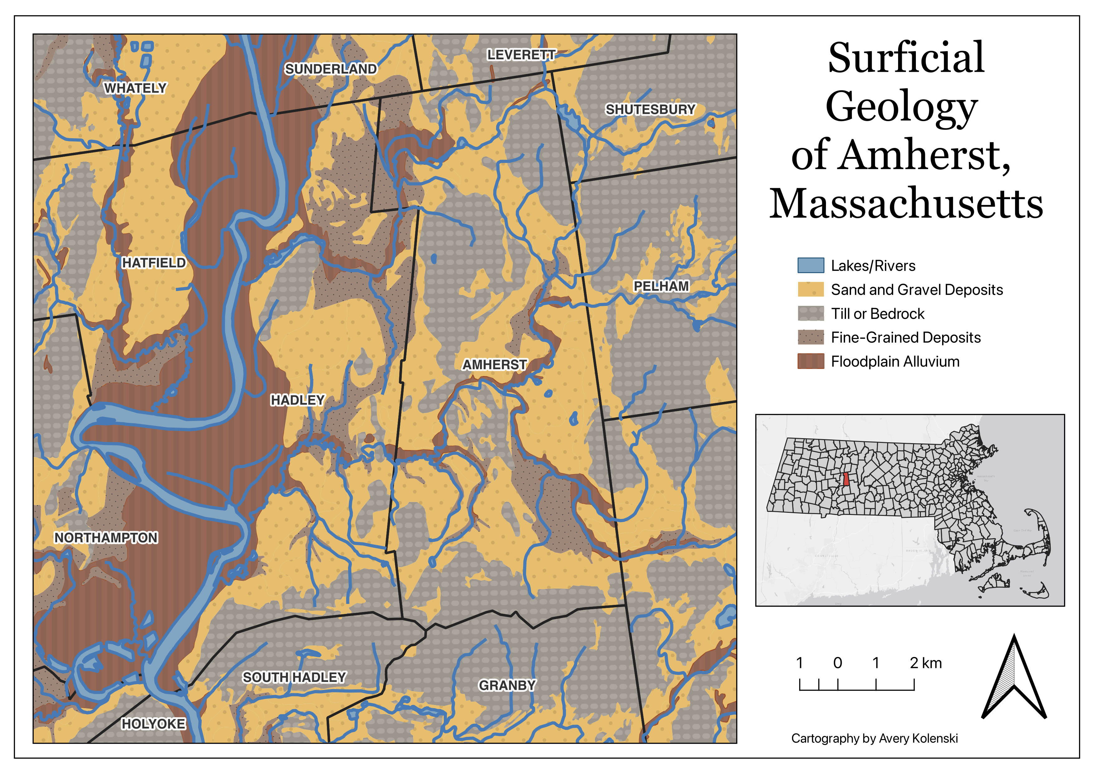 Map of Surficial Geology in Amherst, Massachusetts