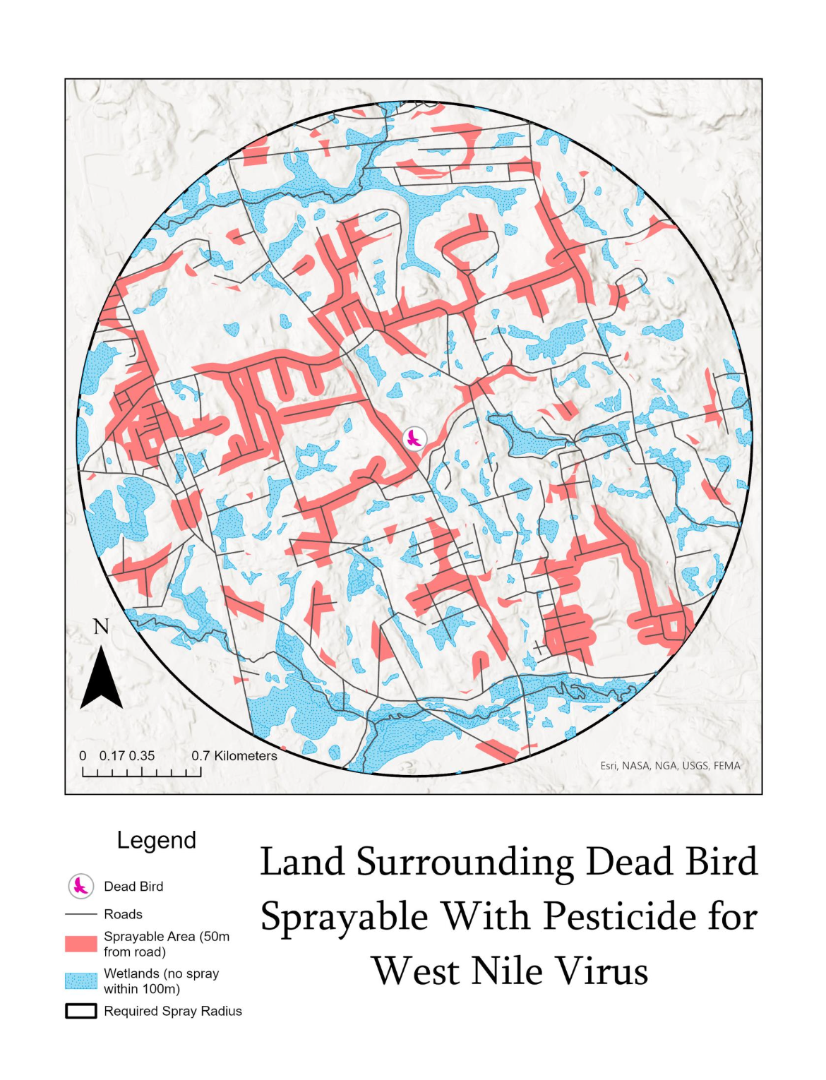 Map of Sprayable Area for Pesticide Surround Dead Bird