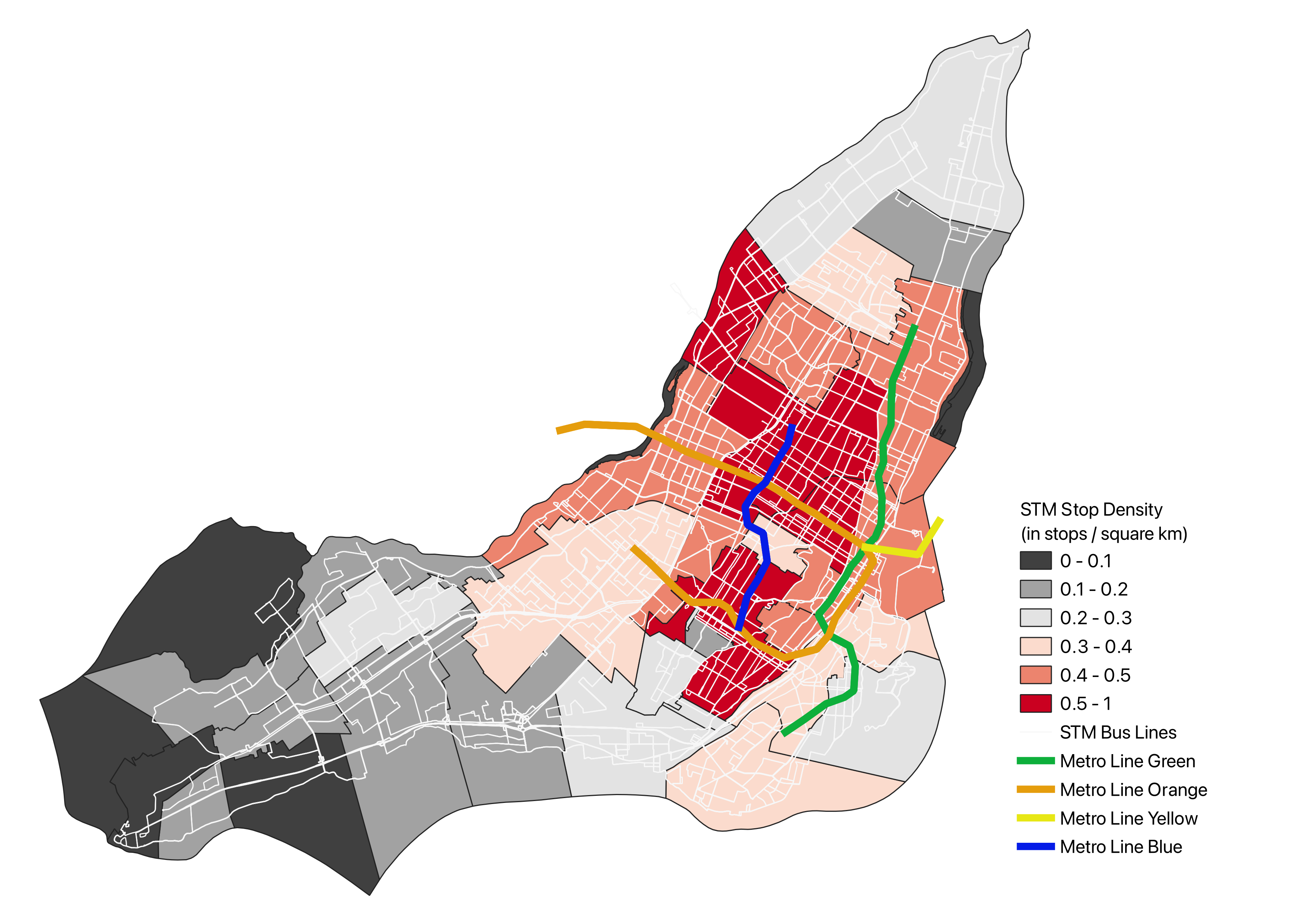 Map of public transit lines in Montreal and transit stop density